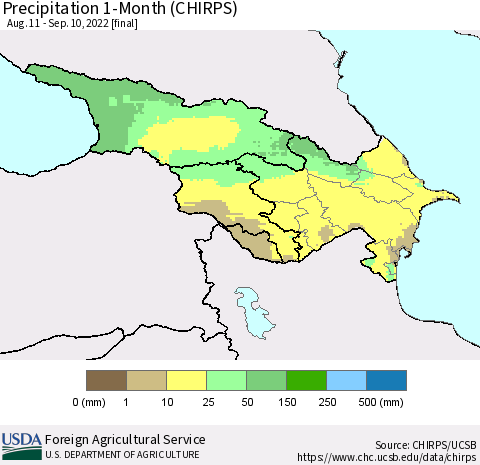 Azerbaijan, Armenia and Georgia Precipitation 1-Month (CHIRPS) Thematic Map For 8/11/2022 - 9/10/2022