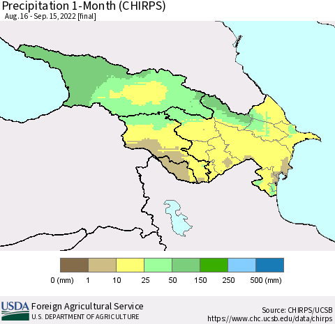 Azerbaijan, Armenia and Georgia Precipitation 1-Month (CHIRPS) Thematic Map For 8/16/2022 - 9/15/2022