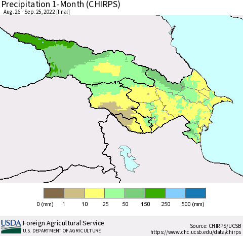 Azerbaijan, Armenia and Georgia Precipitation 1-Month (CHIRPS) Thematic Map For 8/26/2022 - 9/25/2022