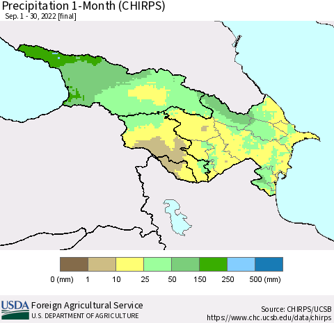 Azerbaijan, Armenia and Georgia Precipitation 1-Month (CHIRPS) Thematic Map For 9/1/2022 - 9/30/2022