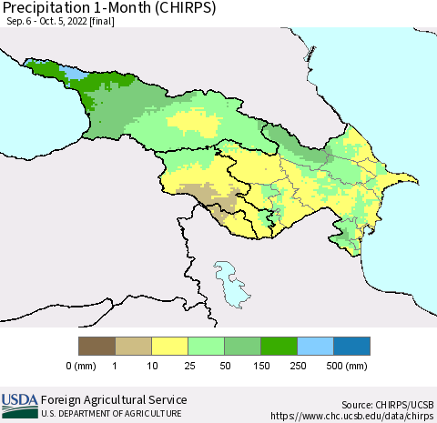 Azerbaijan, Armenia and Georgia Precipitation 1-Month (CHIRPS) Thematic Map For 9/6/2022 - 10/5/2022