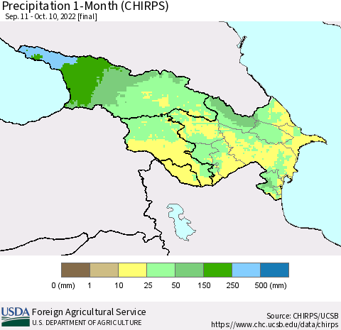 Azerbaijan, Armenia and Georgia Precipitation 1-Month (CHIRPS) Thematic Map For 9/11/2022 - 10/10/2022