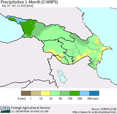Azerbaijan, Armenia and Georgia Precipitation 1-Month (CHIRPS) Thematic Map For 9/16/2022 - 10/15/2022