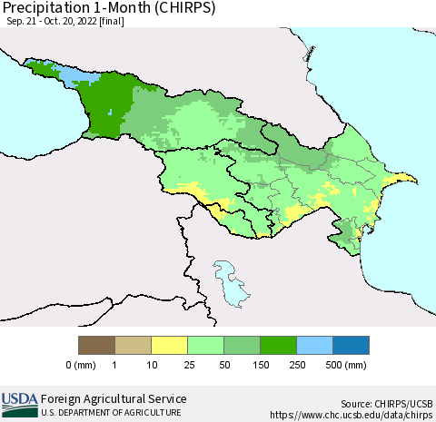 Azerbaijan, Armenia and Georgia Precipitation 1-Month (CHIRPS) Thematic Map For 9/21/2022 - 10/20/2022