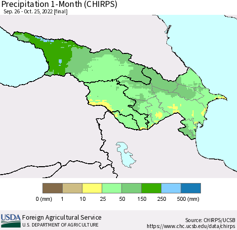 Azerbaijan, Armenia and Georgia Precipitation 1-Month (CHIRPS) Thematic Map For 9/26/2022 - 10/25/2022