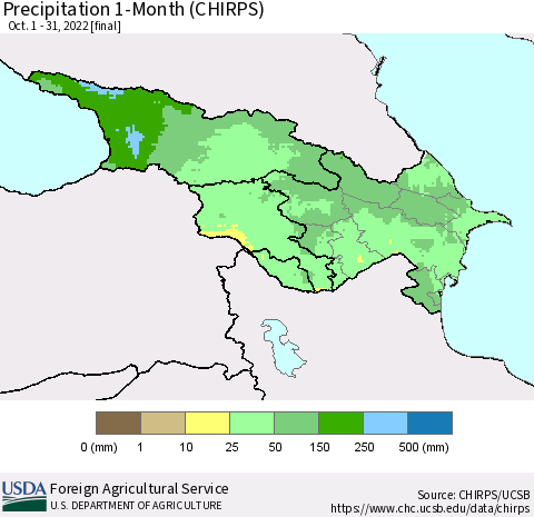 Azerbaijan, Armenia and Georgia Precipitation 1-Month (CHIRPS) Thematic Map For 10/1/2022 - 10/31/2022