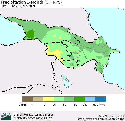 Azerbaijan, Armenia and Georgia Precipitation 1-Month (CHIRPS) Thematic Map For 10/11/2022 - 11/10/2022