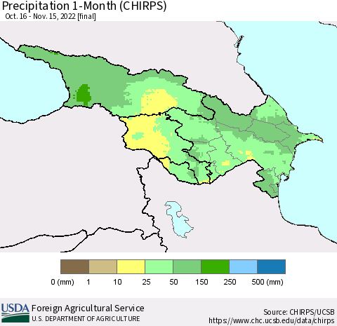 Azerbaijan, Armenia and Georgia Precipitation 1-Month (CHIRPS) Thematic Map For 10/16/2022 - 11/15/2022