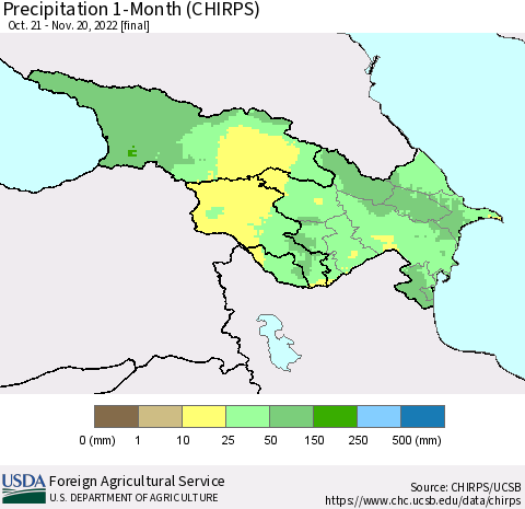 Azerbaijan, Armenia and Georgia Precipitation 1-Month (CHIRPS) Thematic Map For 10/21/2022 - 11/20/2022