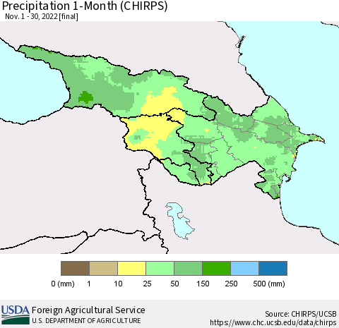 Azerbaijan, Armenia and Georgia Precipitation 1-Month (CHIRPS) Thematic Map For 11/1/2022 - 11/30/2022
