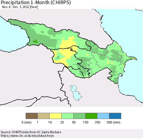 Azerbaijan, Armenia and Georgia Precipitation 1-Month (CHIRPS) Thematic Map For 11/6/2022 - 12/5/2022