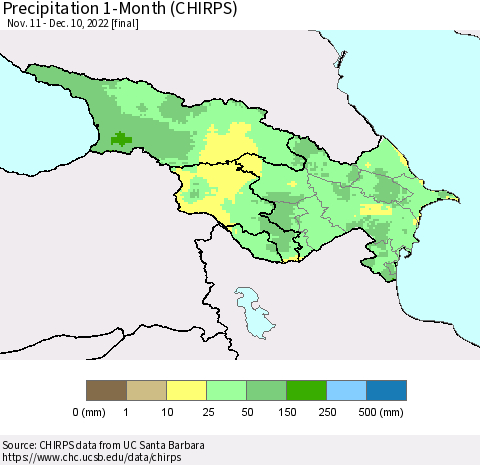 Azerbaijan, Armenia and Georgia Precipitation 1-Month (CHIRPS) Thematic Map For 11/11/2022 - 12/10/2022