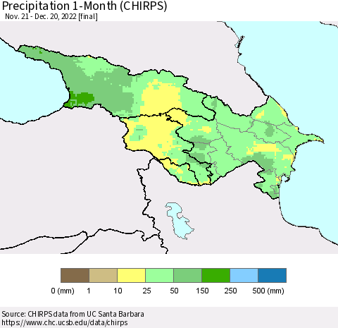 Azerbaijan, Armenia and Georgia Precipitation 1-Month (CHIRPS) Thematic Map For 11/21/2022 - 12/20/2022