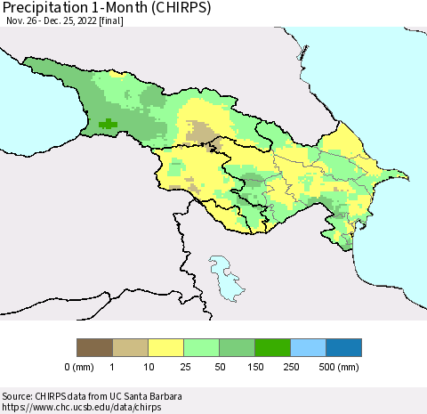 Azerbaijan, Armenia and Georgia Precipitation 1-Month (CHIRPS) Thematic Map For 11/26/2022 - 12/25/2022