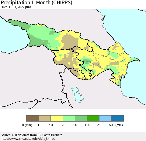 Azerbaijan, Armenia and Georgia Precipitation 1-Month (CHIRPS) Thematic Map For 12/1/2022 - 12/31/2022
