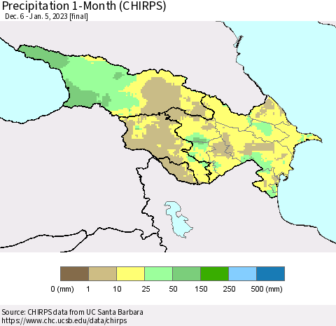Azerbaijan, Armenia and Georgia Precipitation 1-Month (CHIRPS) Thematic Map For 12/6/2022 - 1/5/2023