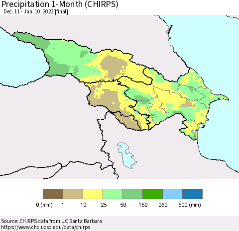 Azerbaijan, Armenia and Georgia Precipitation 1-Month (CHIRPS) Thematic Map For 12/11/2022 - 1/10/2023
