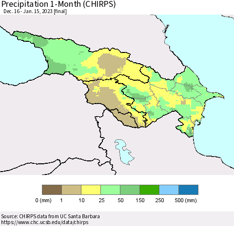 Azerbaijan, Armenia and Georgia Precipitation 1-Month (CHIRPS) Thematic Map For 12/16/2022 - 1/15/2023