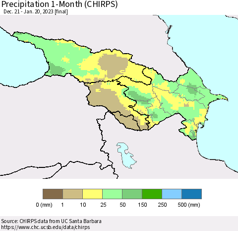 Azerbaijan, Armenia and Georgia Precipitation 1-Month (CHIRPS) Thematic Map For 12/21/2022 - 1/20/2023