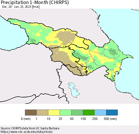 Azerbaijan, Armenia and Georgia Precipitation 1-Month (CHIRPS) Thematic Map For 12/26/2022 - 1/25/2023