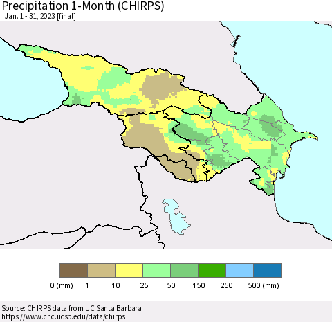 Azerbaijan, Armenia and Georgia Precipitation 1-Month (CHIRPS) Thematic Map For 1/1/2023 - 1/31/2023