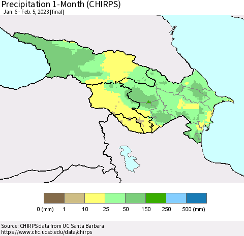 Azerbaijan, Armenia and Georgia Precipitation 1-Month (CHIRPS) Thematic Map For 1/6/2023 - 2/5/2023