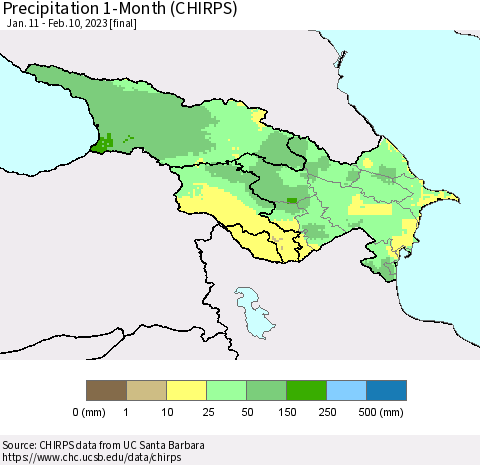 Azerbaijan, Armenia and Georgia Precipitation 1-Month (CHIRPS) Thematic Map For 1/11/2023 - 2/10/2023