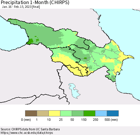 Azerbaijan, Armenia and Georgia Precipitation 1-Month (CHIRPS) Thematic Map For 1/16/2023 - 2/15/2023