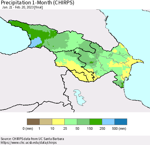 Azerbaijan, Armenia and Georgia Precipitation 1-Month (CHIRPS) Thematic Map For 1/21/2023 - 2/20/2023