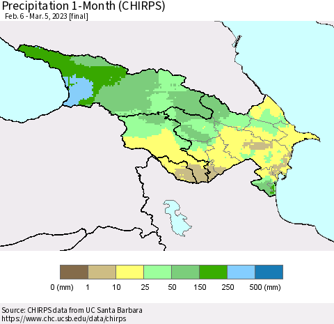 Azerbaijan, Armenia and Georgia Precipitation 1-Month (CHIRPS) Thematic Map For 2/6/2023 - 3/5/2023