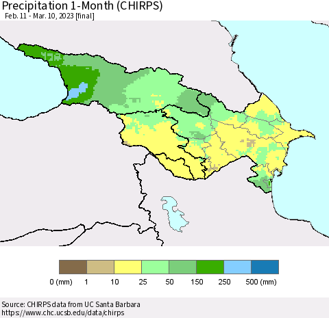 Azerbaijan, Armenia and Georgia Precipitation 1-Month (CHIRPS) Thematic Map For 2/11/2023 - 3/10/2023
