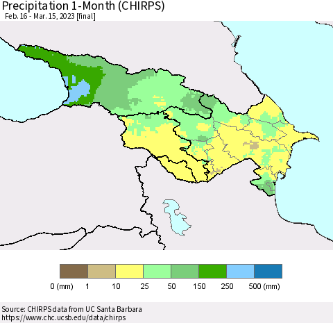 Azerbaijan, Armenia and Georgia Precipitation 1-Month (CHIRPS) Thematic Map For 2/16/2023 - 3/15/2023