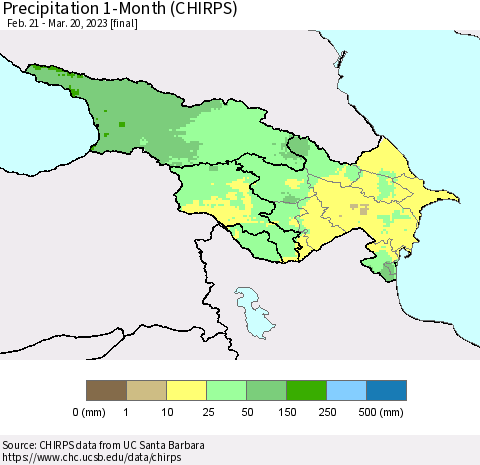Azerbaijan, Armenia and Georgia Precipitation 1-Month (CHIRPS) Thematic Map For 2/21/2023 - 3/20/2023