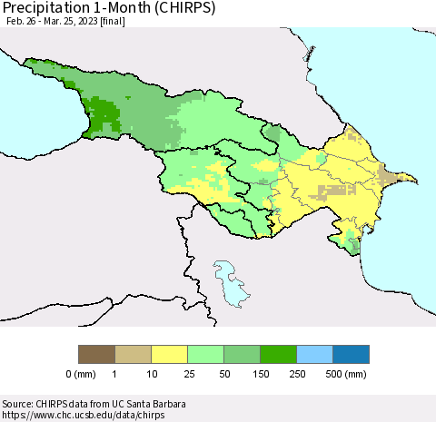 Azerbaijan, Armenia and Georgia Precipitation 1-Month (CHIRPS) Thematic Map For 2/26/2023 - 3/25/2023