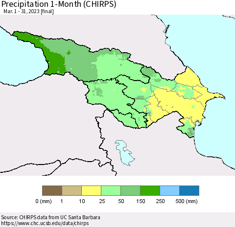 Azerbaijan, Armenia and Georgia Precipitation 1-Month (CHIRPS) Thematic Map For 3/1/2023 - 3/31/2023