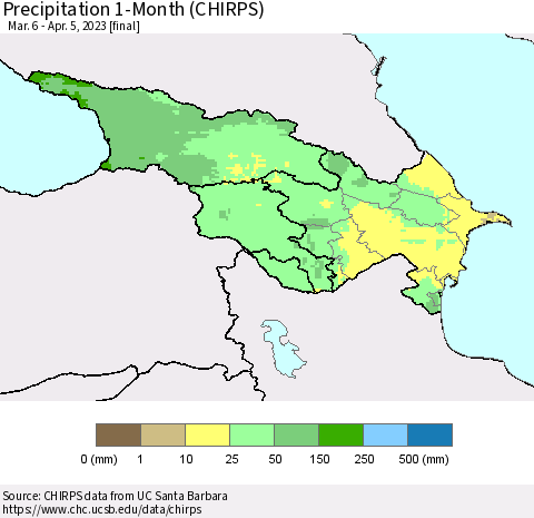 Azerbaijan, Armenia and Georgia Precipitation 1-Month (CHIRPS) Thematic Map For 3/6/2023 - 4/5/2023
