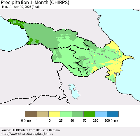 Azerbaijan, Armenia and Georgia Precipitation 1-Month (CHIRPS) Thematic Map For 3/11/2023 - 4/10/2023