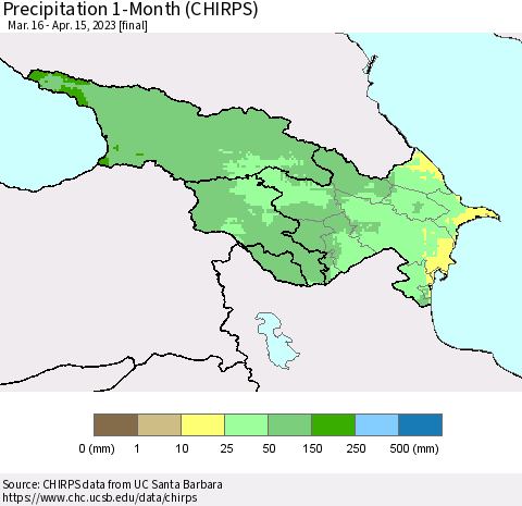 Azerbaijan, Armenia and Georgia Precipitation 1-Month (CHIRPS) Thematic Map For 3/16/2023 - 4/15/2023