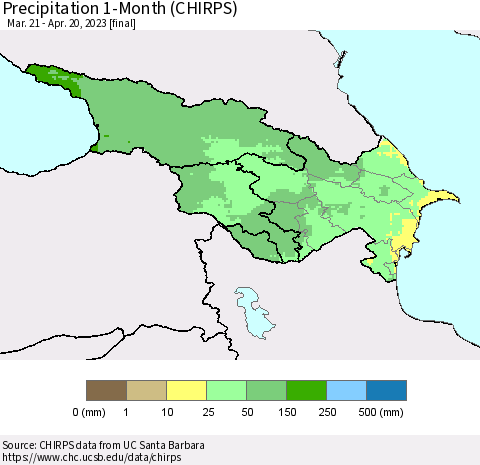 Azerbaijan, Armenia and Georgia Precipitation 1-Month (CHIRPS) Thematic Map For 3/21/2023 - 4/20/2023