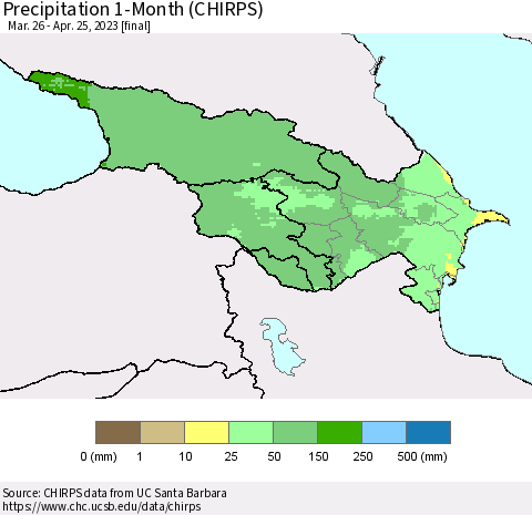 Azerbaijan, Armenia and Georgia Precipitation 1-Month (CHIRPS) Thematic Map For 3/26/2023 - 4/25/2023