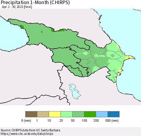 Azerbaijan, Armenia and Georgia Precipitation 1-Month (CHIRPS) Thematic Map For 4/1/2023 - 4/30/2023