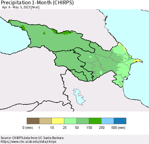 Azerbaijan, Armenia and Georgia Precipitation 1-Month (CHIRPS) Thematic Map For 4/6/2023 - 5/5/2023