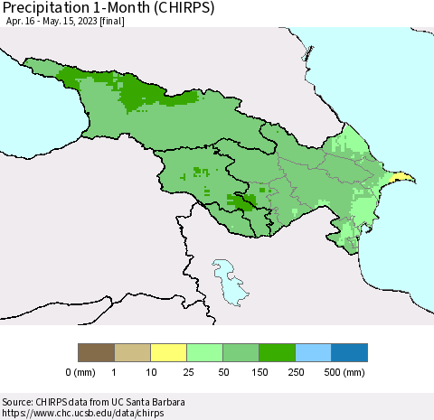 Azerbaijan, Armenia and Georgia Precipitation 1-Month (CHIRPS) Thematic Map For 4/16/2023 - 5/15/2023