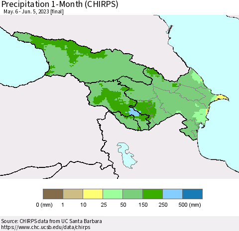 Azerbaijan, Armenia and Georgia Precipitation 1-Month (CHIRPS) Thematic Map For 5/6/2023 - 6/5/2023