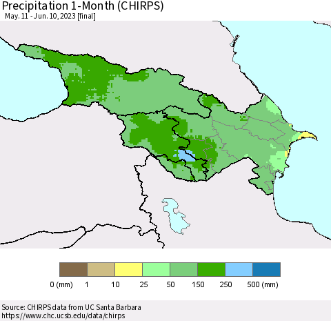 Azerbaijan, Armenia and Georgia Precipitation 1-Month (CHIRPS) Thematic Map For 5/11/2023 - 6/10/2023