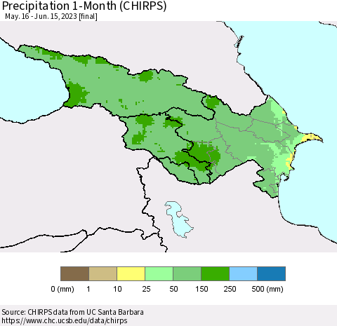 Azerbaijan, Armenia and Georgia Precipitation 1-Month (CHIRPS) Thematic Map For 5/16/2023 - 6/15/2023