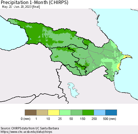 Azerbaijan, Armenia and Georgia Precipitation 1-Month (CHIRPS) Thematic Map For 5/21/2023 - 6/20/2023