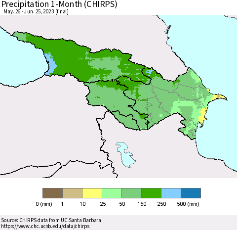 Azerbaijan, Armenia and Georgia Precipitation 1-Month (CHIRPS) Thematic Map For 5/26/2023 - 6/25/2023