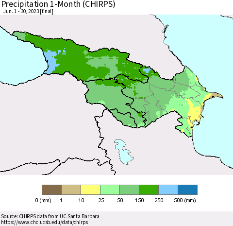 Azerbaijan, Armenia and Georgia Precipitation 1-Month (CHIRPS) Thematic Map For 6/1/2023 - 6/30/2023