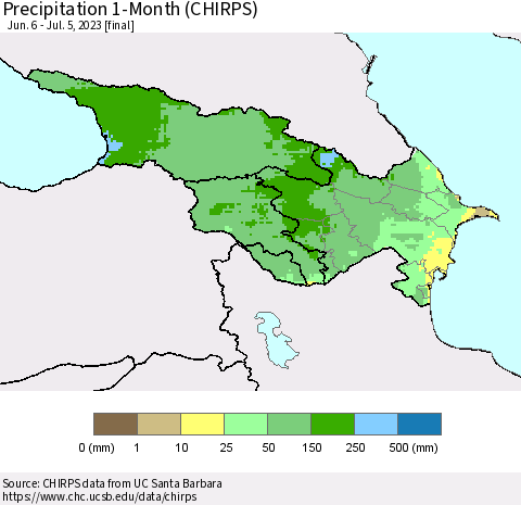 Azerbaijan, Armenia and Georgia Precipitation 1-Month (CHIRPS) Thematic Map For 6/6/2023 - 7/5/2023